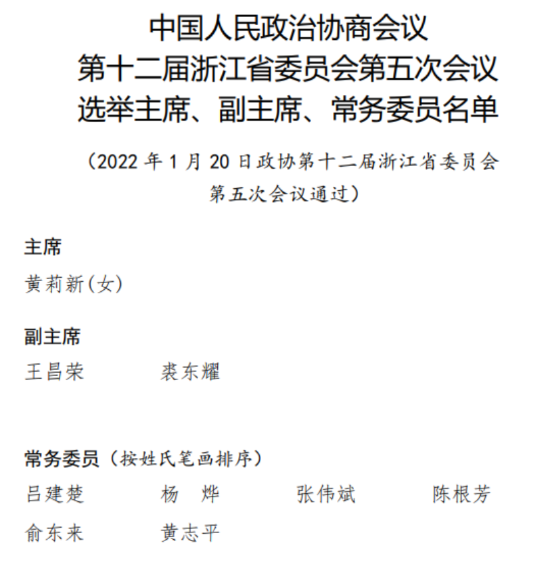 浙江省政协十二届五次会议选举主席副主席常务委员名单