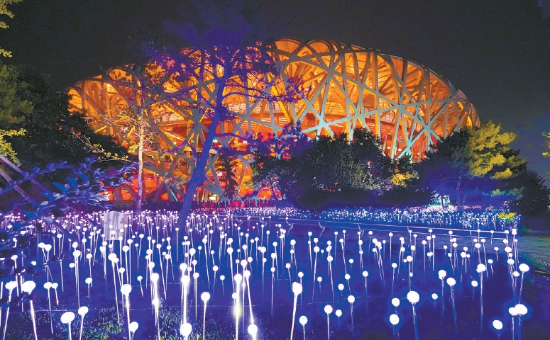 在球形灯组成的"花海"簇拥下,在奥林匹克塔灯光秀的映衬下,鸟巢璀璨