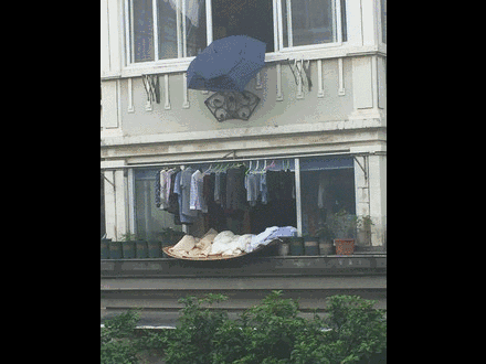 网友热议践行者:胡大爷在下雨时用雨伞帮助楼下邻居遮挡被子,避免被雨
